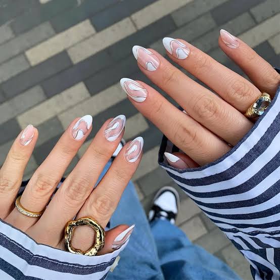Sheer Nude Abstract Swirl Medium Almond Nails — Simple Trending Nails