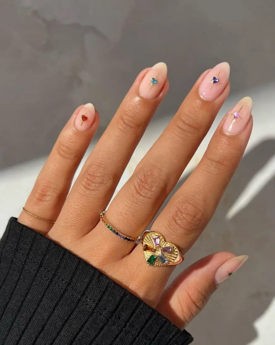 Sheer Pink Short Oval Nails with Colorful Gems — Simple Trending Nails