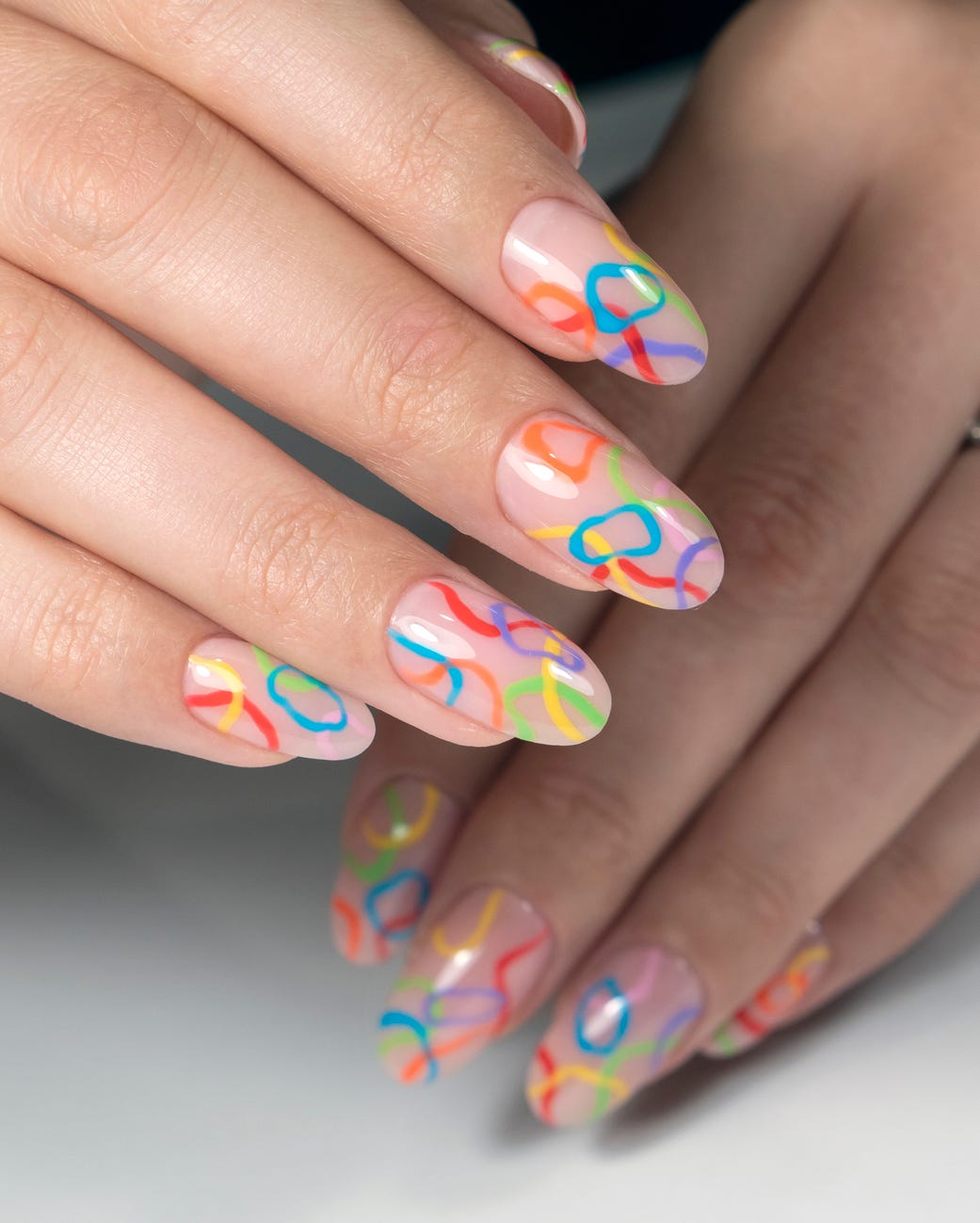 Sheer Nude Abstract Multi-Color Line Art Nails — Simple Trending Nails