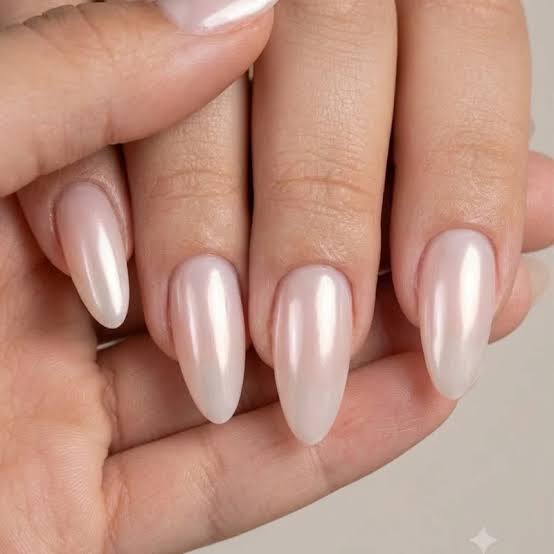 Lustrous Milky Pink Pearlescent Medium Almond Nails — Simple Trending Nails