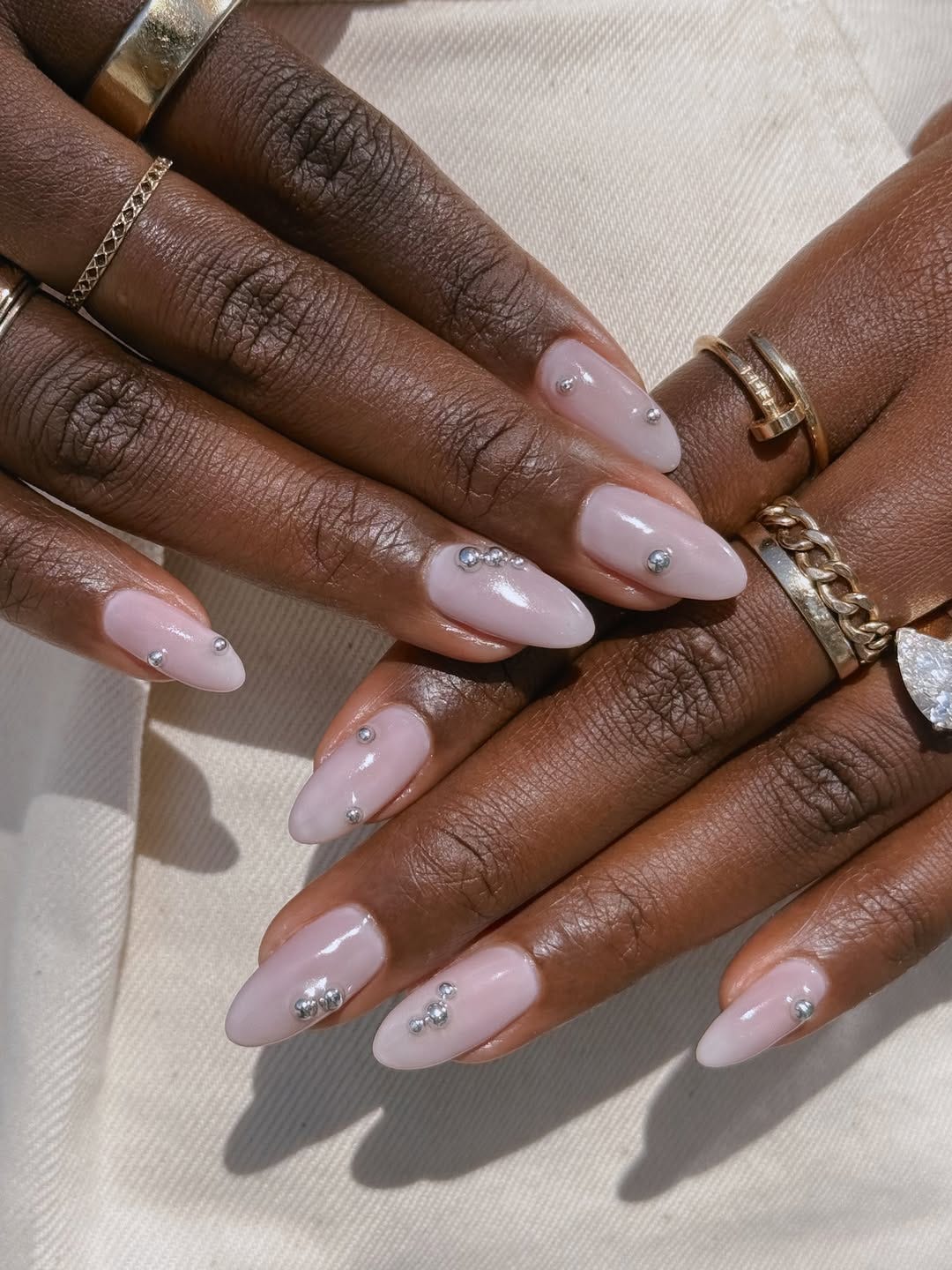 Sheer Milky Pink Stiletto Nails with Embellishments — Simple Trending Nails