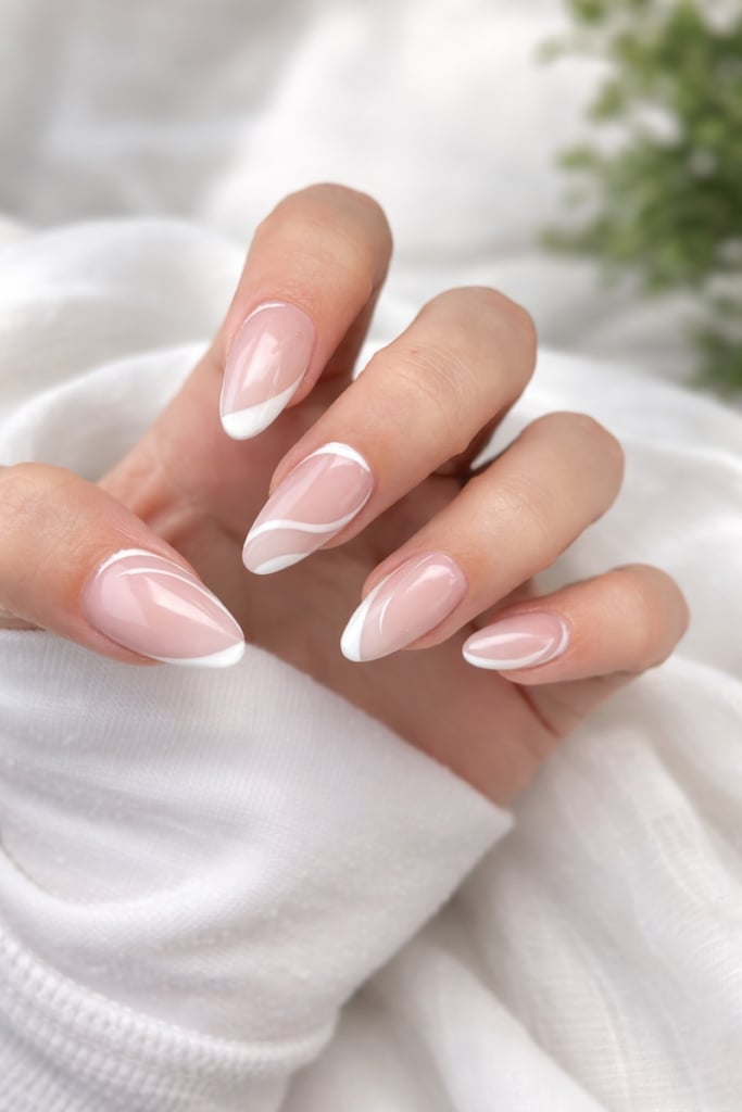 Sheer Nude Abstract French Medium Almond Nails, Close-Up Take — Simple Trending Nails