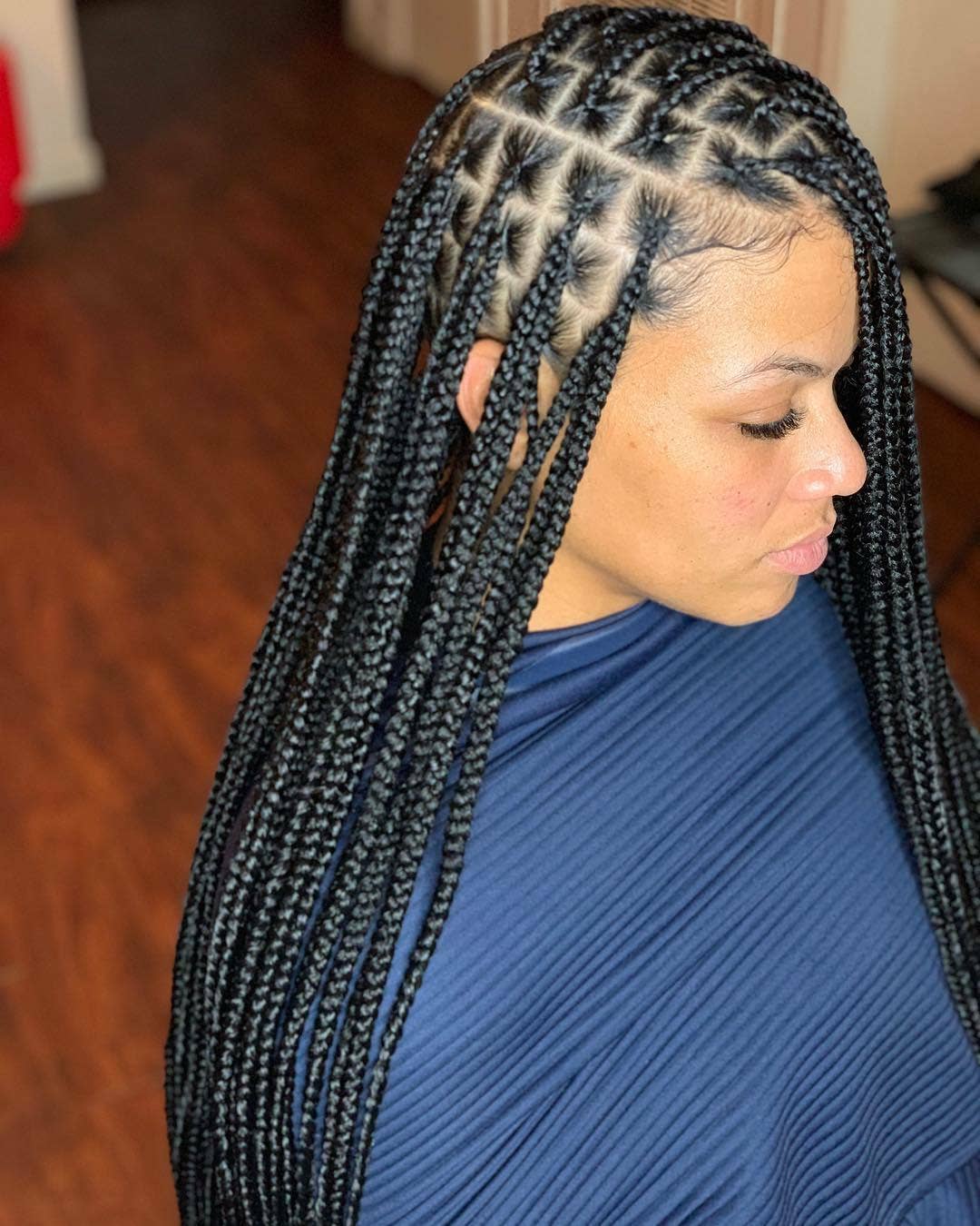 Mid-Back Black Box Braids With Geometric Parting Mid-Back Black Box Braids With Geometric Parting — Simple Tribal Braids Hairstyles