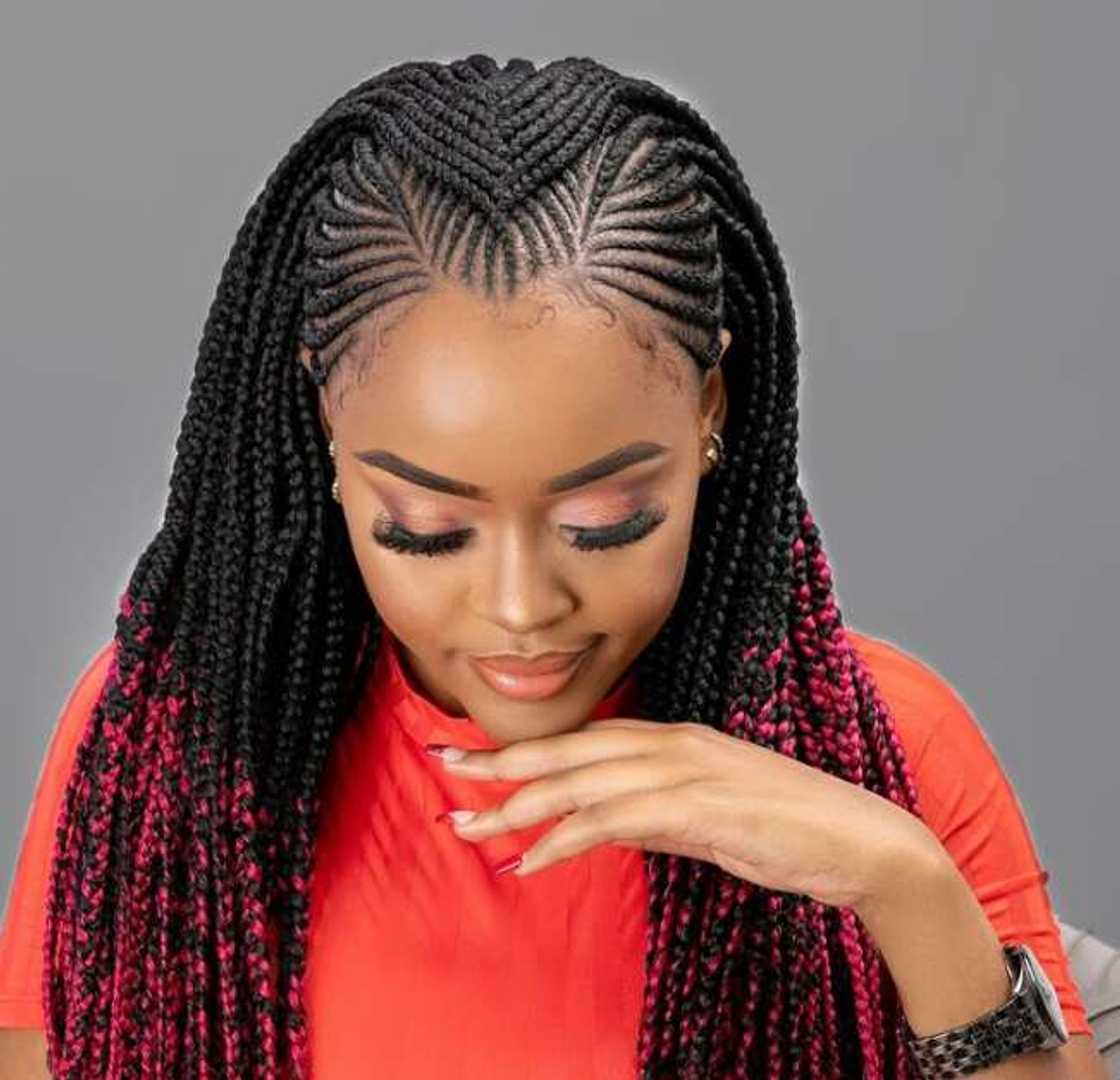 Mid-Back Fulani Braids With Vibrant Pink Tips Mid-Back Fulani Braids With Vibrant Pink Tips — Simple Tribal Braids Hairstyles