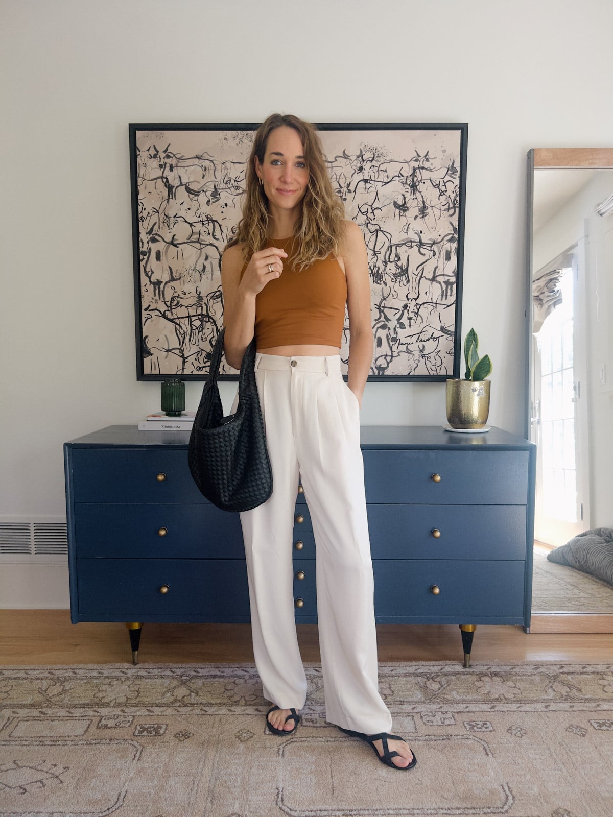 White Wide-Leg Trousers With Brown Cropped Tank White Wide-Leg Trousers With Brown Cropped Tank — Simple Trouser Outfits