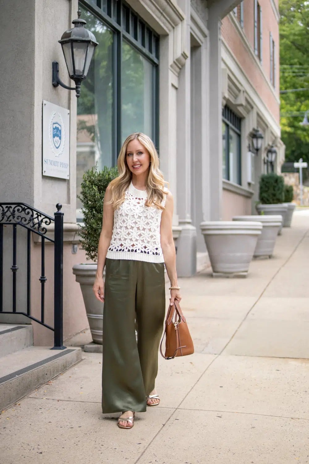 Olive Green Satin Trousers With Crochet Top Olive Green Satin Trousers With Crochet Top — Simple Trouser Outfits