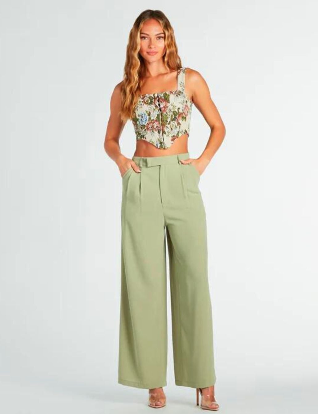 Sage Green Tailored Trousers With Floral Corset Top Sage Green Tailored Trousers With Floral Corset Top — Simple Trouser Outfits