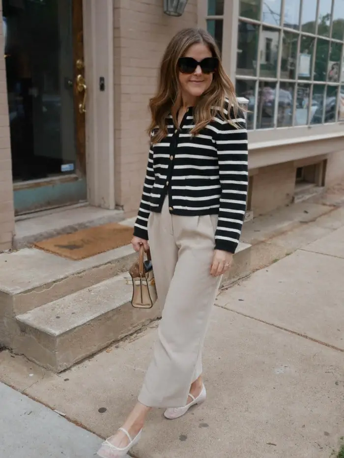 Neutral Trousers With Striped Cropped Cardigan Neutral Trousers With Striped Cropped Cardigan — Simple Trouser Outfits