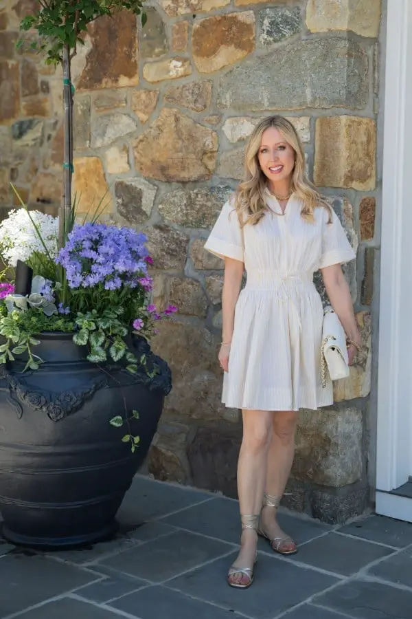 Striped Linen Blend Dress with Gold Sandals — Simple Under Outfits