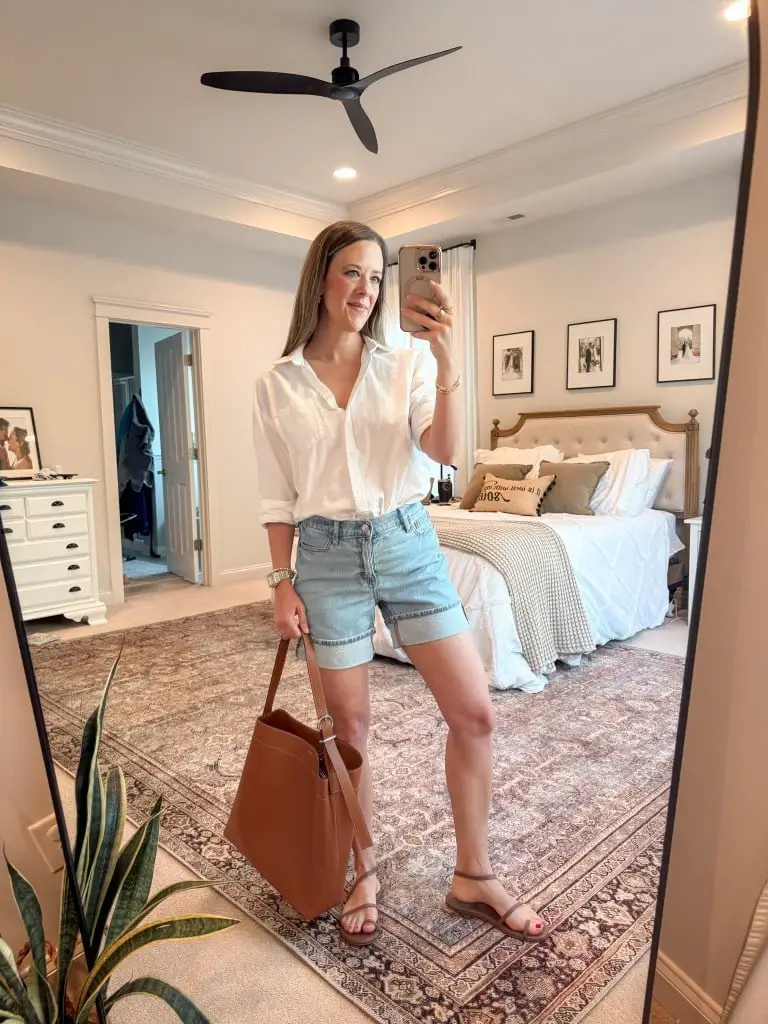 White Linen Shirt with Rolled Denim Shorts — Simple Under Outfits