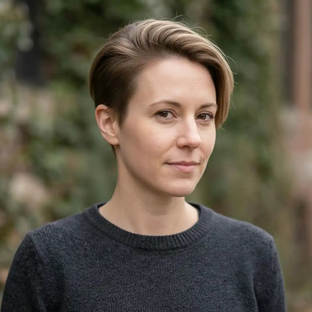 Ash Blonde Pixie With Textured Side-Swept Top and Ear Length Ash Blonde Pixie With Textured Side-Swept Top and Ear Length — Simple Undercut Hairstyles