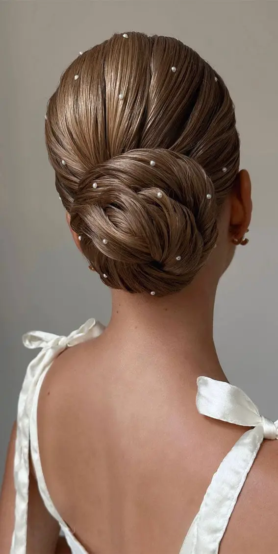 Medium Brown Low Bun With Pearls Medium Brown Low Bun With Pearls — Simple Updo Hair