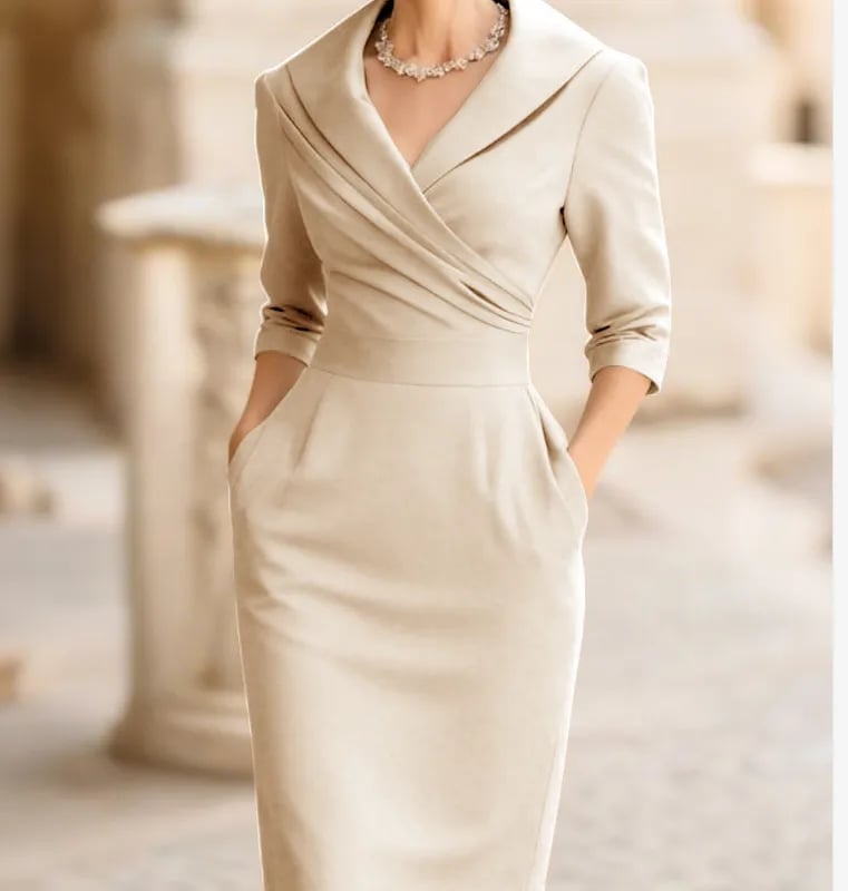 Beige Long Sleeve Wrap Dress with Pockets for Workwear Beige Long Sleeve Wrap Dress with Pockets for Workwear — Simple V Neck Dress