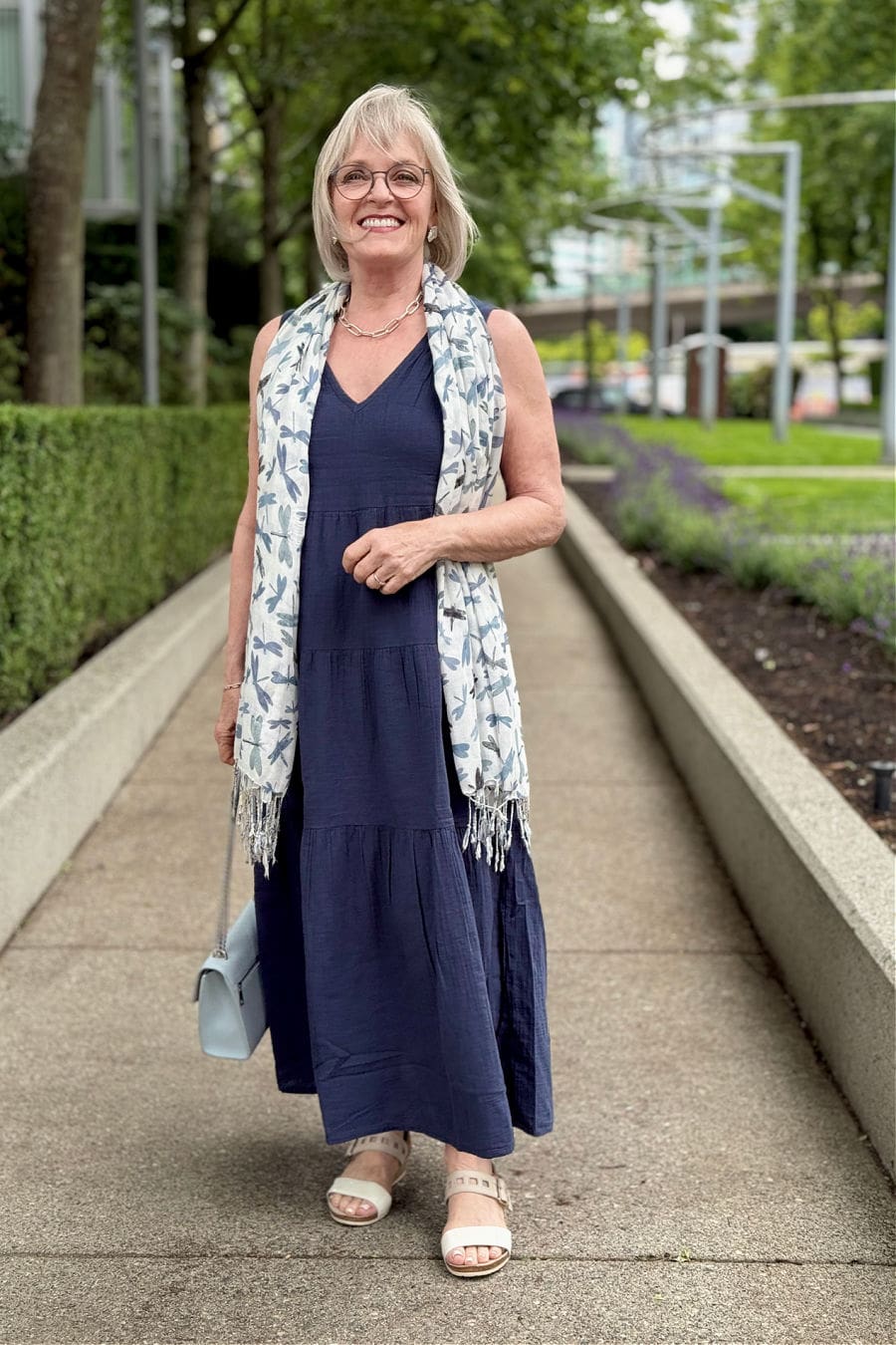 Navy Tiered Midi Dress with Printed Scarf Navy Tiered Midi Dress with Printed Scarf — Simple V Neck Dress