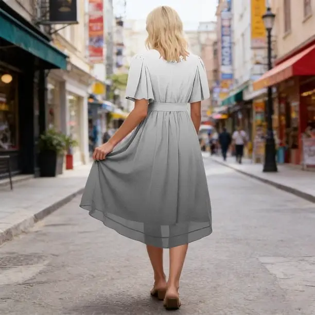 Gradient White to Gray Midi Dress with Tie Belt, Close-Up Take Gradient White to Gray Midi Dress with Tie Belt, Close-Up Take — Simple V Neck Dress