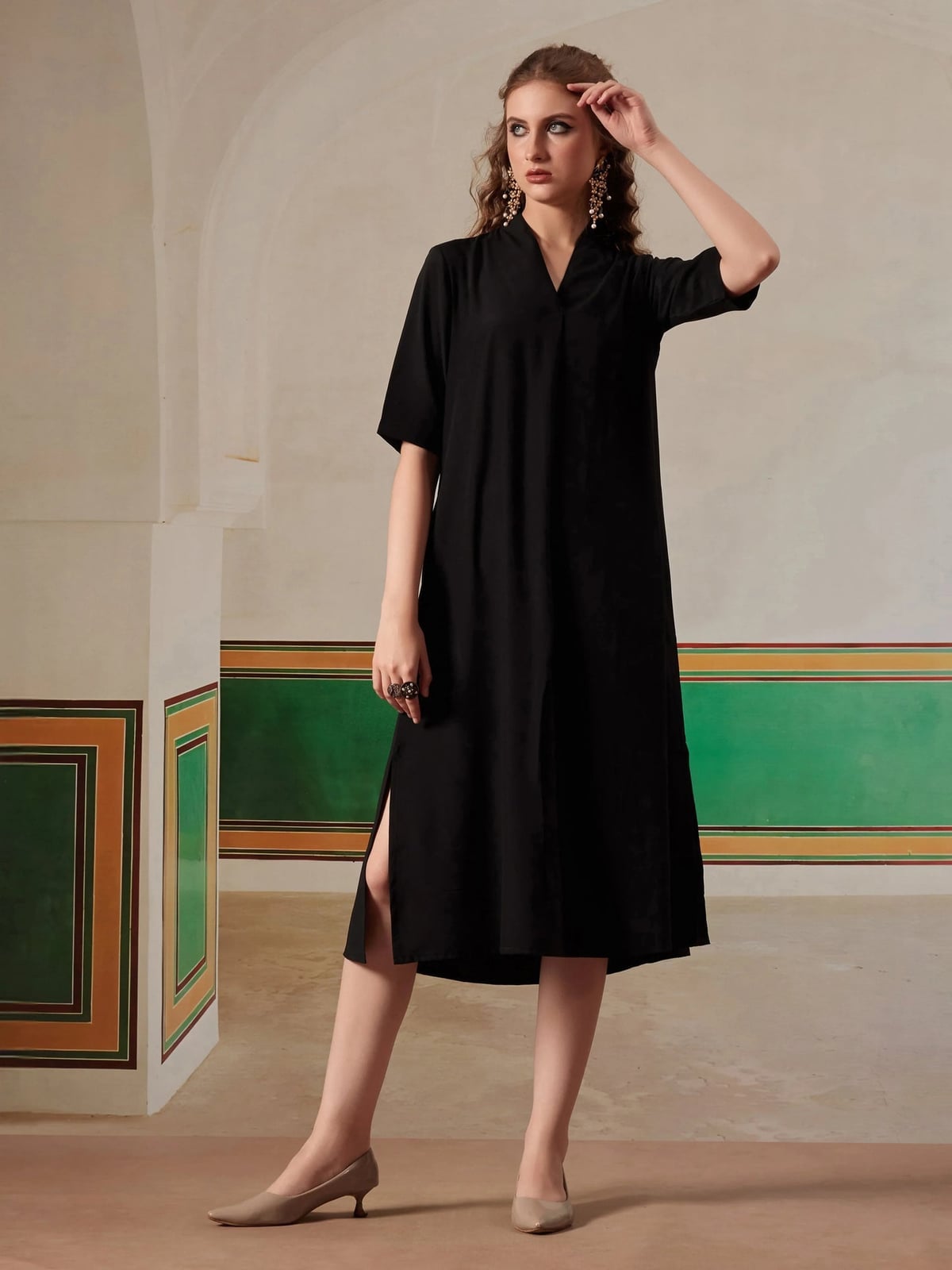 Black Textured Midi Dress with Side Slits Black Textured Midi Dress with Side Slits — Simple V Neck Dress