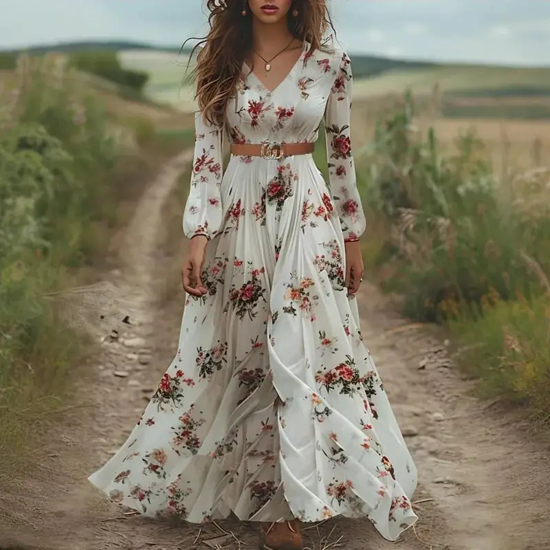 White Floral Maxi Dress for Casual Outdoor Event White Floral Maxi Dress for Casual Outdoor Event — Simple V Neck Dress