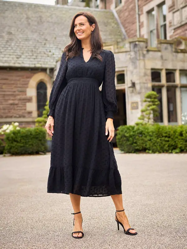 Black Empire Waist Midi Dress with Dot Texture Black Empire Waist Midi Dress with Dot Texture — Simple V Neck Dress