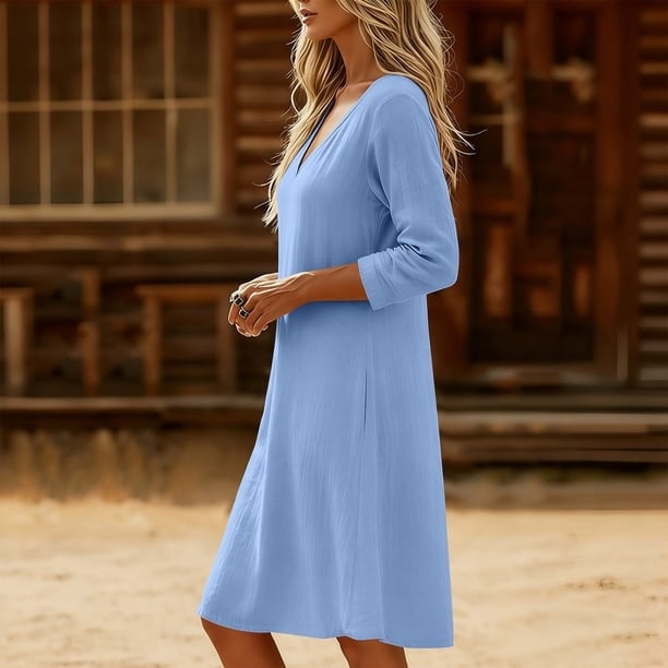 Light Blue Long Sleeve Dress with Pocket Light Blue Long Sleeve Dress with Pocket — Simple V Neck Dress