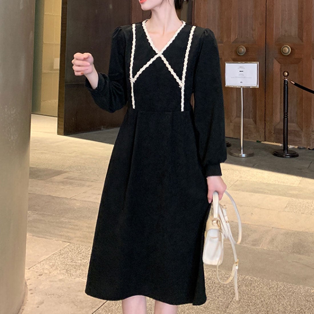 Black Midi Dress with White Criss-Cross Trim Black Midi Dress with White Criss-Cross Trim — Simple V Neck Dress