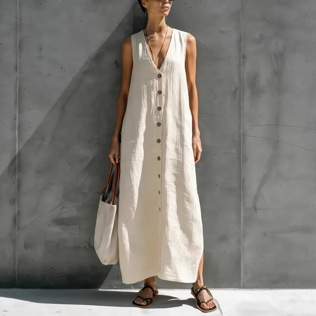 Cream Casual Long Button Front Dress Cream Casual Long Button Front Dress — Simple V Neck Dress