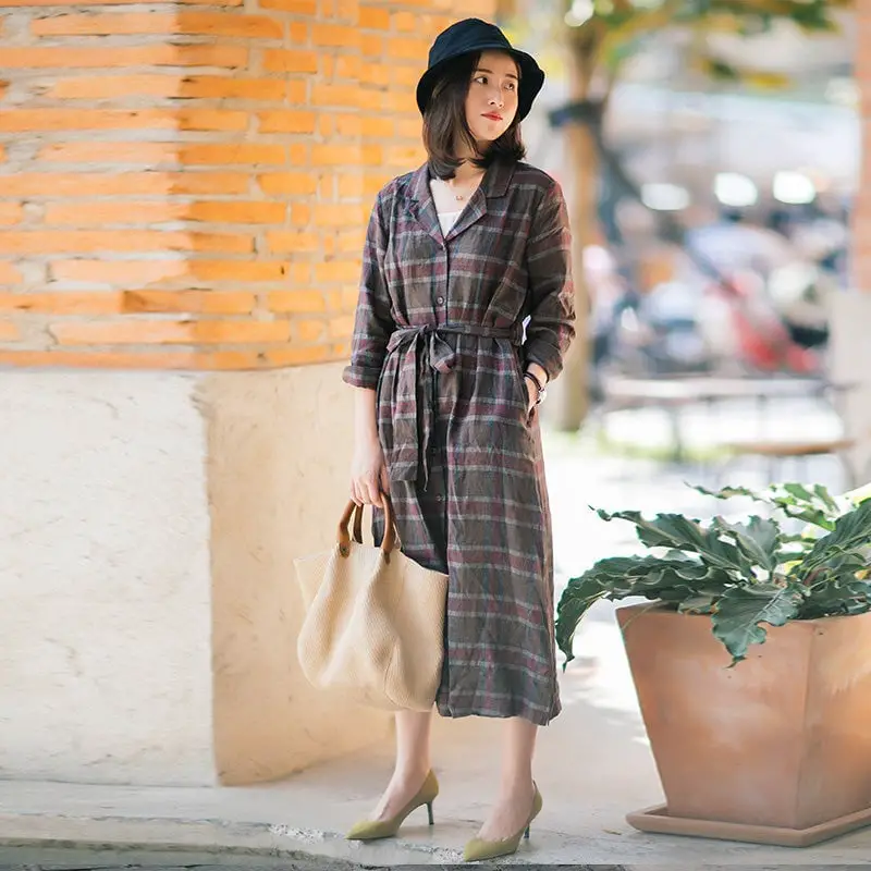 Plaid Linen Dress with Tie Belt for Casual Wear Simple V Neck Dress