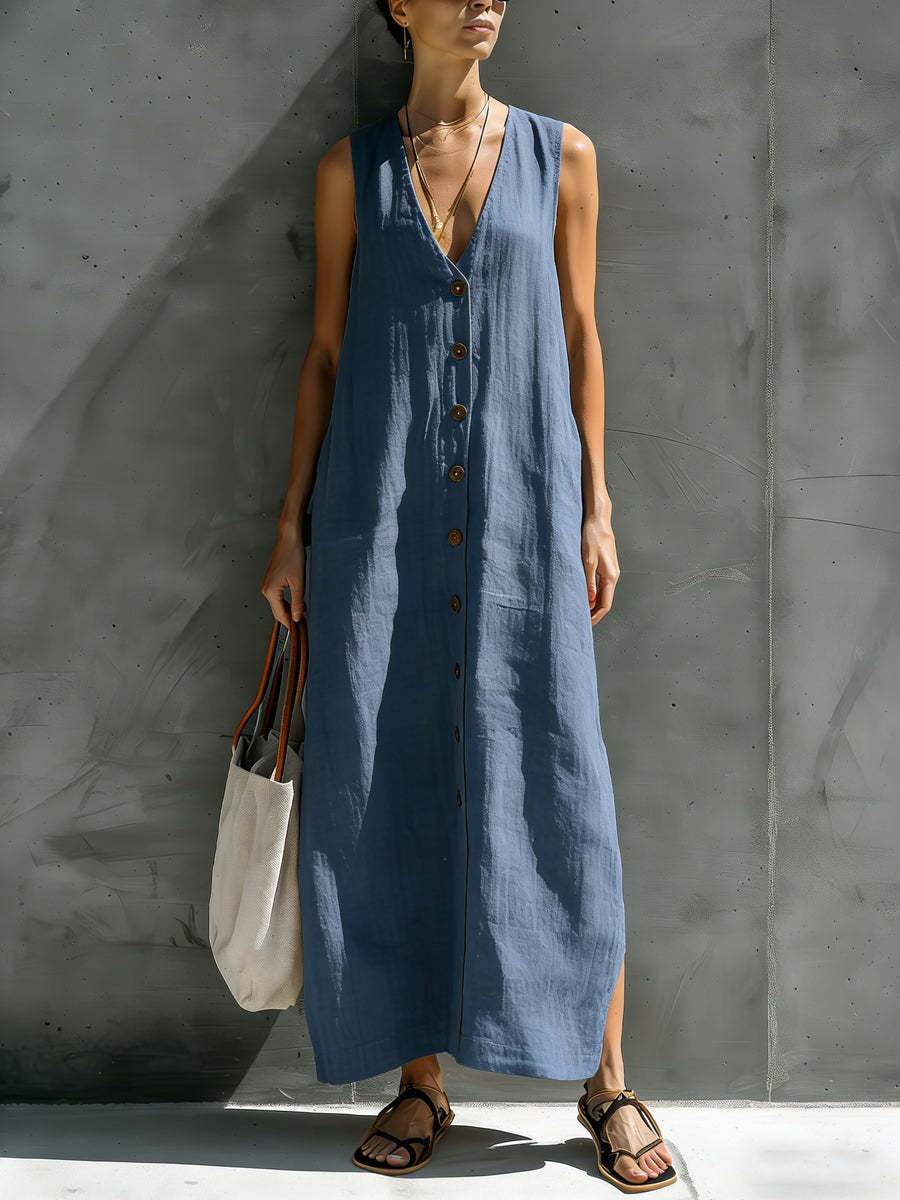 Blue Linen Sleeveless Dress with Button Front Blue Linen Sleeveless Dress with Button Front — Simple V Neck Dress