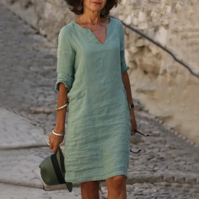Light Green Three Quarter Sleeve Shift Dress Light Green Three Quarter Sleeve Shift Dress — Simple V Neck Dress