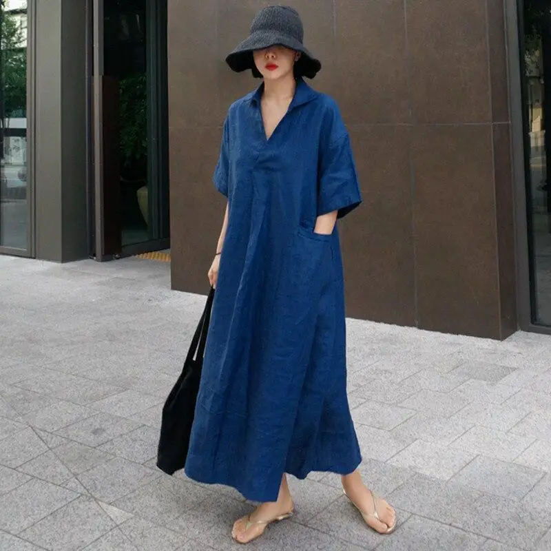 Blue Oversized Linen Dress with Large Pockets Blue Oversized Linen Dress with Large Pockets — Simple V Neck Dress