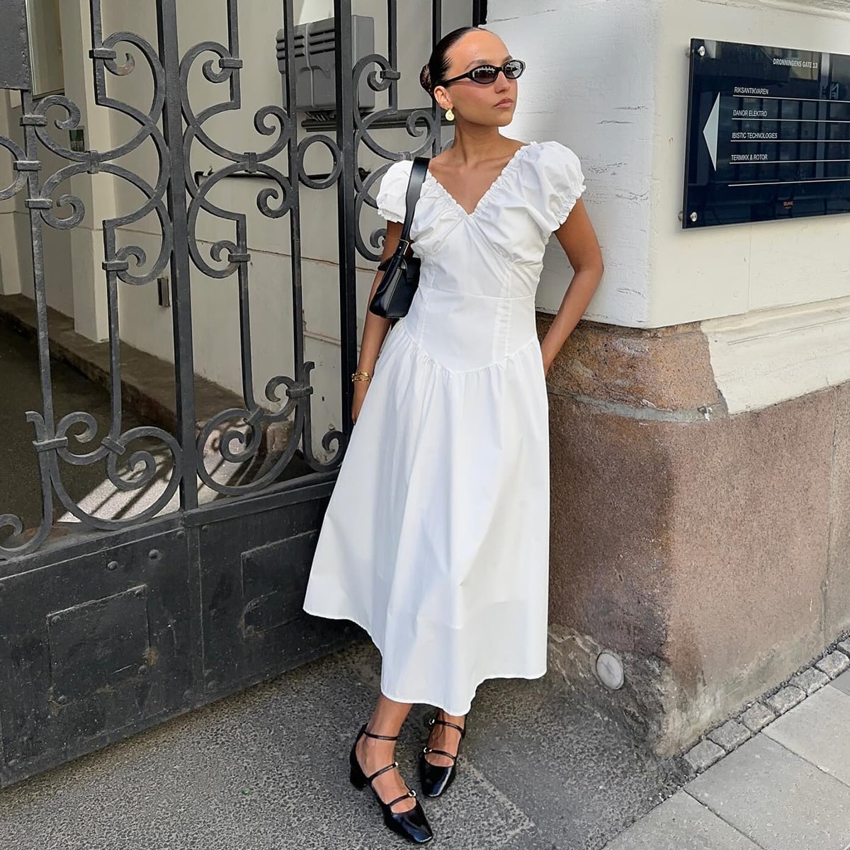 White Cotton Midi Dress with Puff Sleeves White Cotton Midi Dress with Puff Sleeves — Simple V Neck Dress