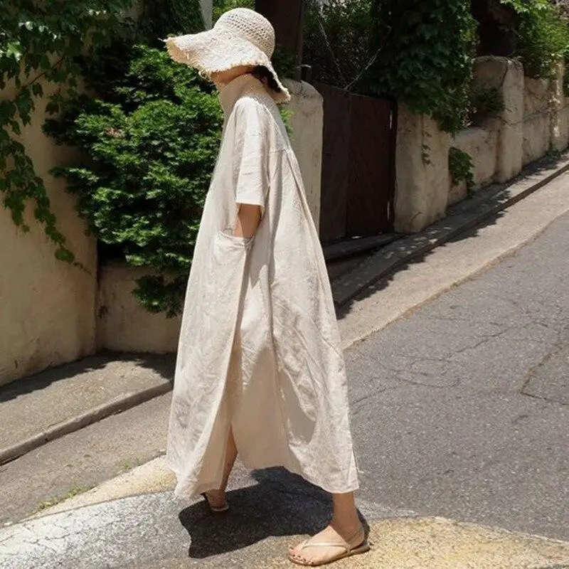 Beige Oversized Linen Dress with Pockets Beige Oversized Linen Dress with Pockets — Simple V Neck Dress