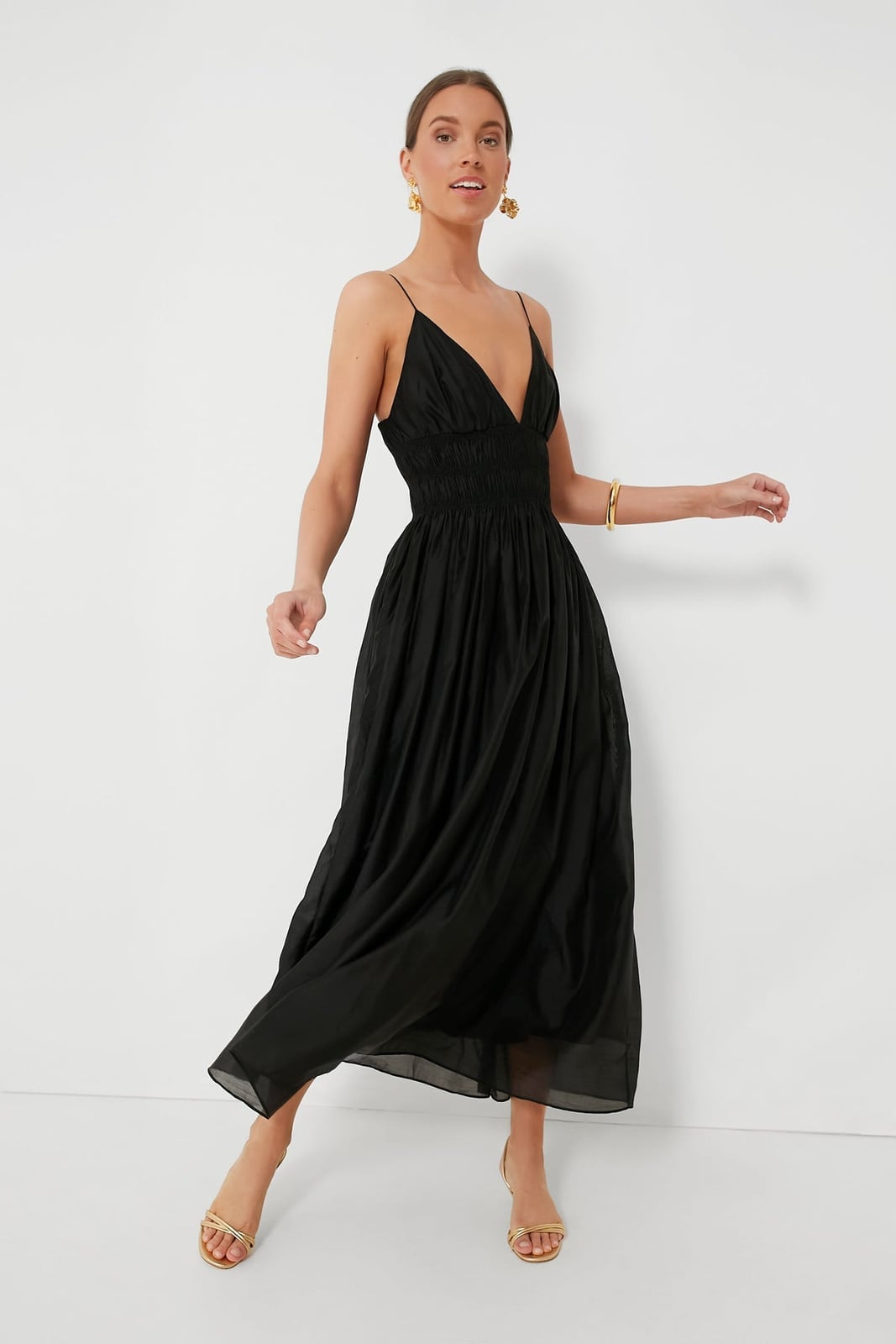 Black Sleeveless Maxi Dress with Smocked Bodice Black Sleeveless Maxi Dress with Smocked Bodice — Simple V Neck Dress