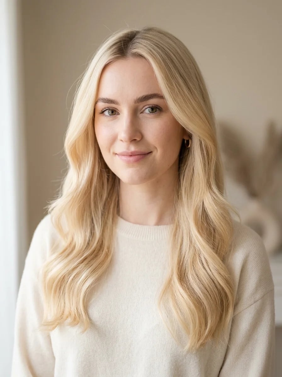 Warm Golden Vanilla Blonde Mid-Back Waves Warm Golden Vanilla Blonde Mid-Back Waves — Simple Vanilla Blonde