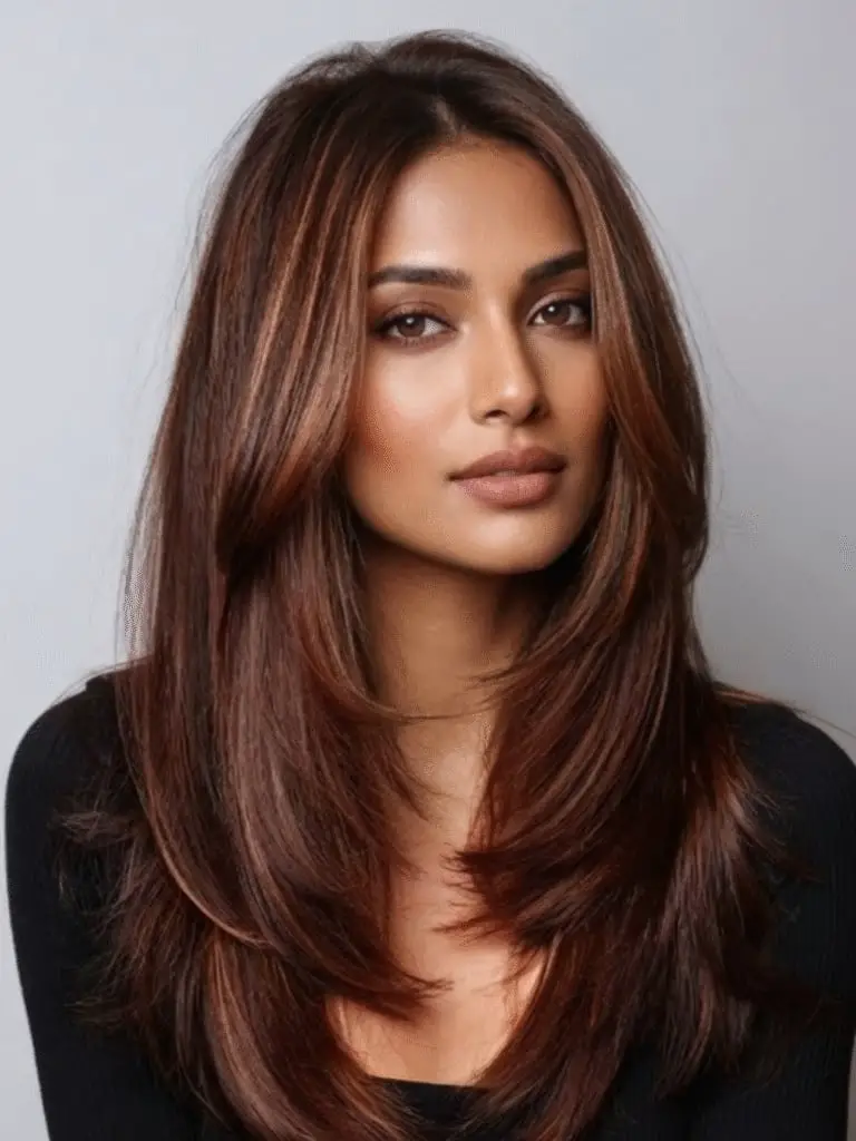 Dark Brown Long Layers With Caramel Highlights Dark Brown Long Layers With Caramel Highlights — Simple Voluminous Hair