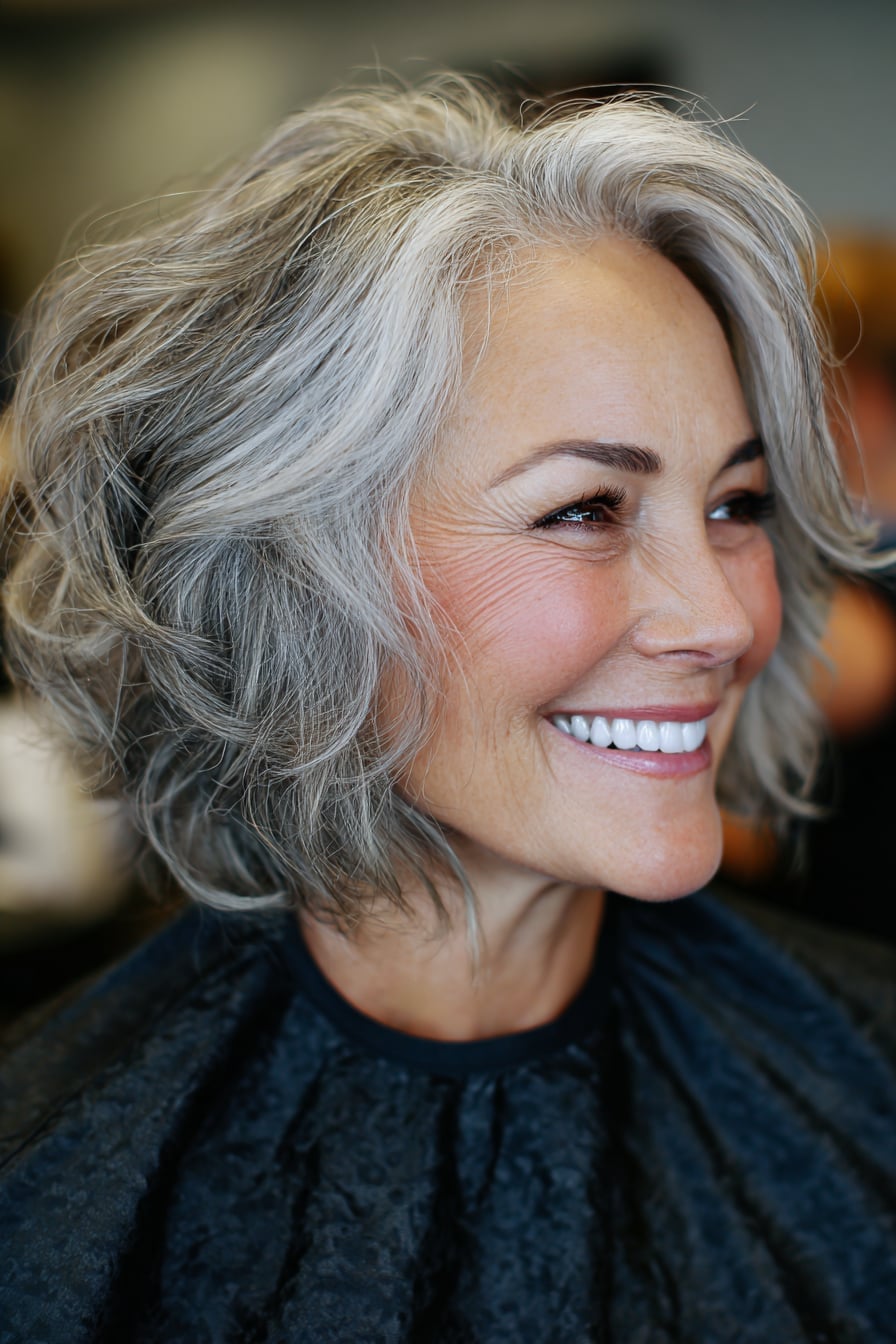 Chin Length Gray Bob Textured Waves Chin Length Gray Bob Textured Waves — Simple Wavy Haircuts