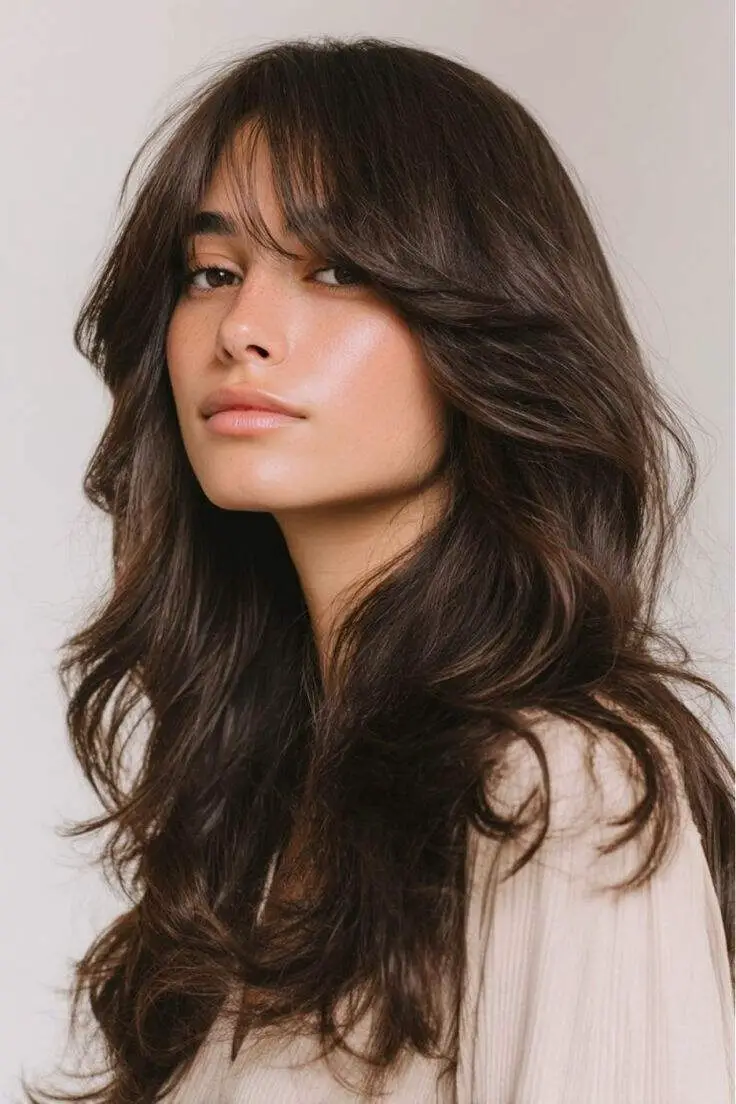 Long Layers Dark Brown With Curtain Bangs Long Layers Dark Brown With Curtain Bangs — Simple Wavy Haircuts