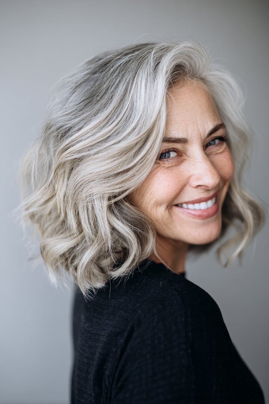 Chin Length Bob In Natural Gray, Close-Up Take Chin Length Bob In Natural Gray, Close-Up Take — Simple Wavy Haircuts