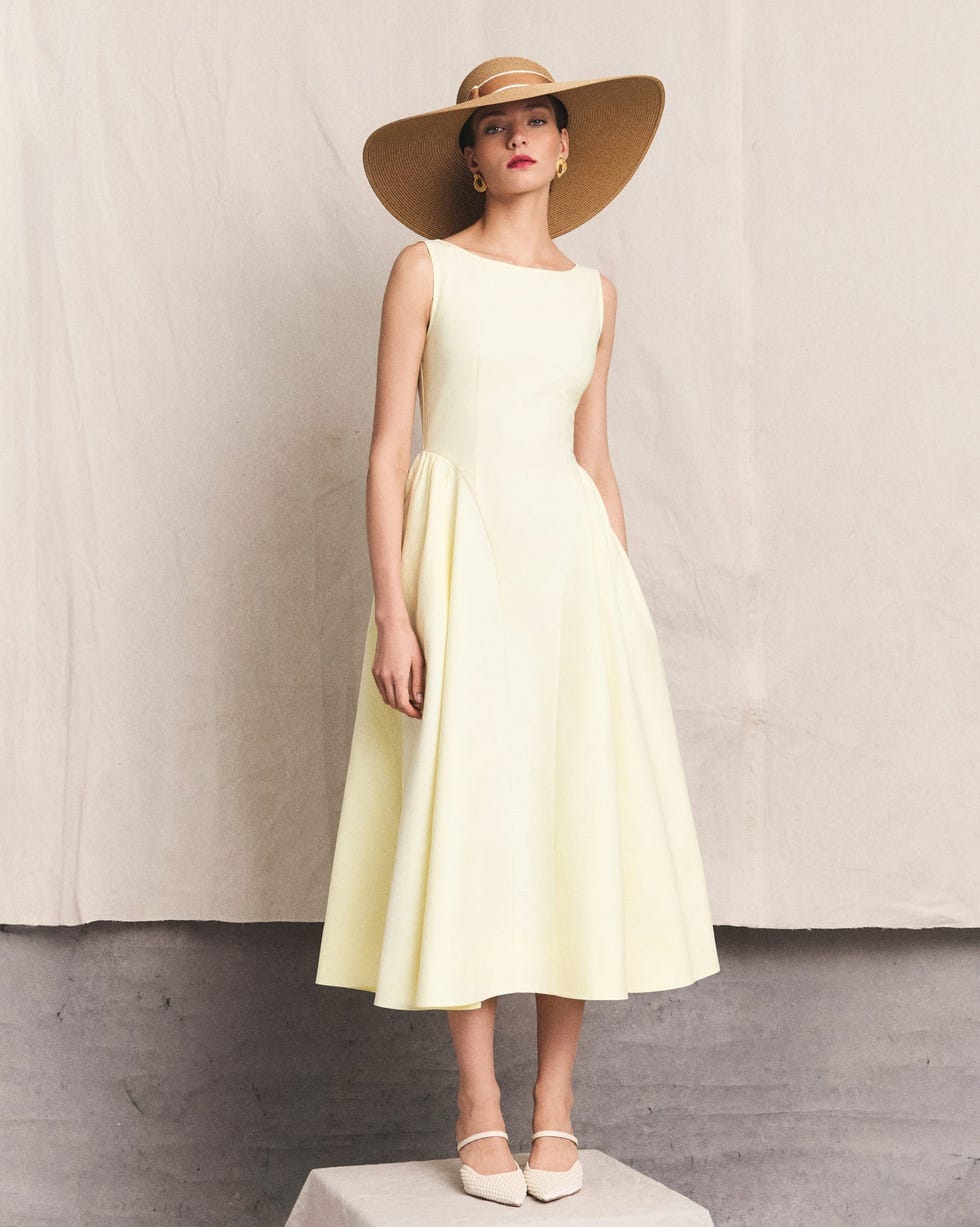 Pale Yellow Fit and Flare Midi Dress with Straw Hat Pale Yellow Fit and Flare Midi Dress with Straw Hat — Simple Wedding Guest Outfits