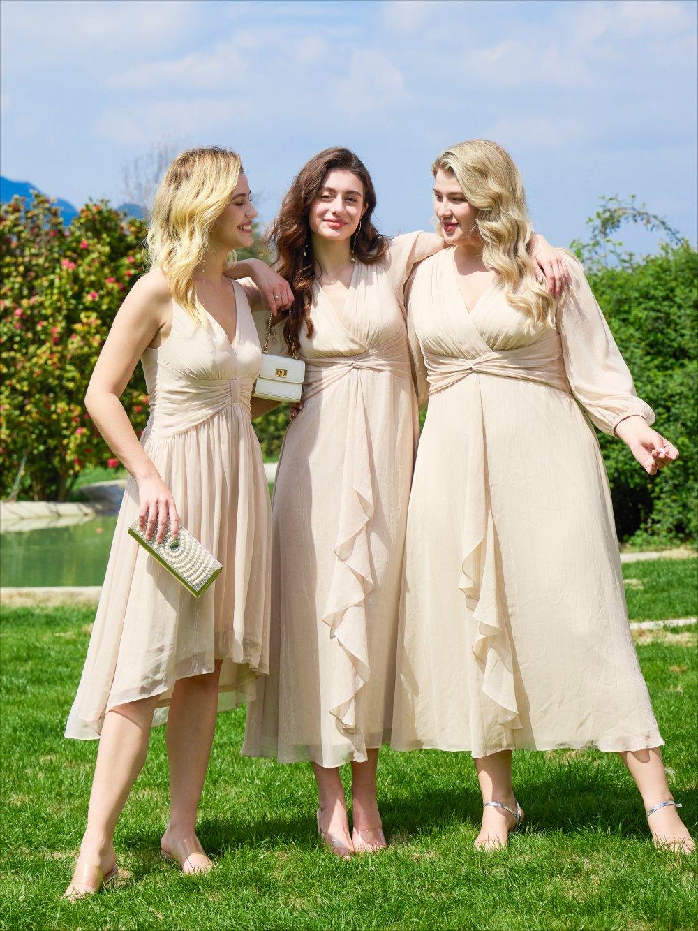 Neutral Beige V-Neck Dresses with Varying Sleeve Lengths Neutral Beige V-Neck Dresses with Varying Sleeve Lengths — Simple Wedding Guest Outfits
