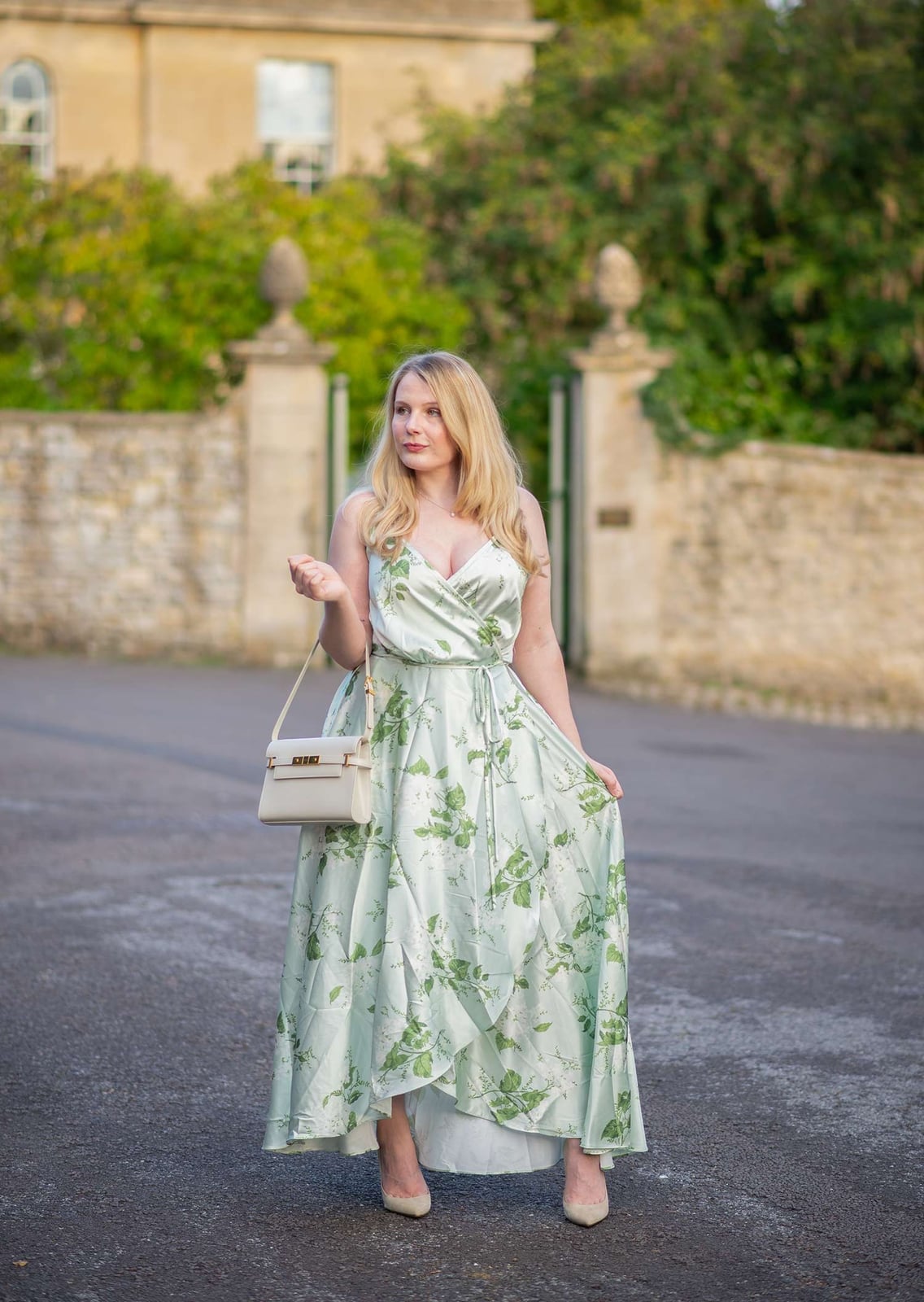 Mint Green Satin Wrap Maxi Dress with Leaf Print Mint Green Satin Wrap Maxi Dress with Leaf Print — Simple Wedding Guest Outfits