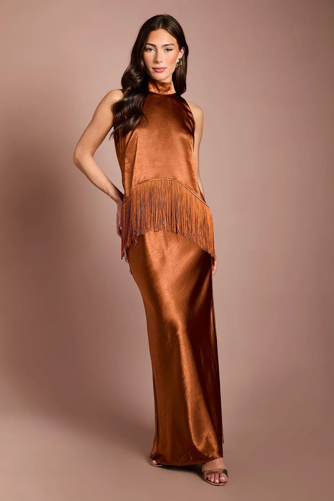 Bronze Satin Halter Neck Dress with Fringe Detail Bronze Satin Halter Neck Dress with Fringe Detail — Simple Wedding Guest Outfits