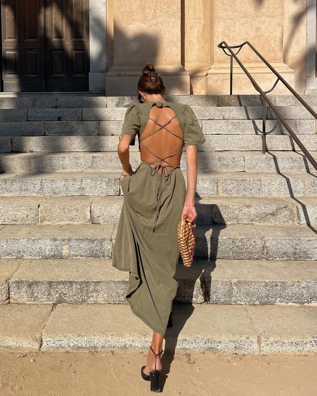 Olive Green Midi Dress with Asymmetrical Hem and Open Back Olive Green Midi Dress with Asymmetrical Hem and Open Back — Simple Wedding Guest Outfits