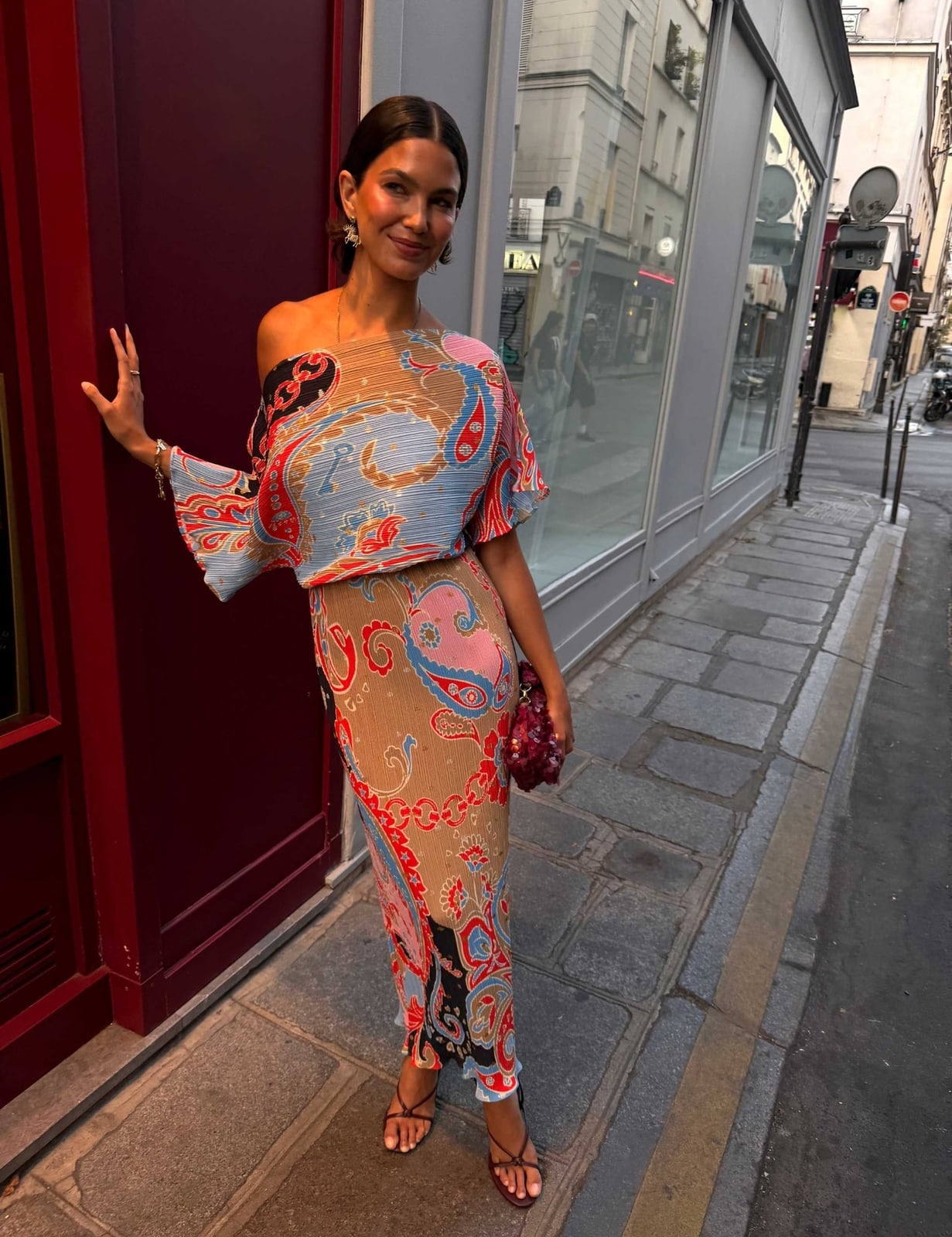 Paisley Print Set with Off-The-Shoulder Top and Column Skirt Paisley Print Set with Off-The-Shoulder Top and Column Skirt — Simple Wedding Guest Outfits