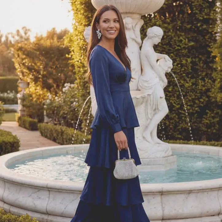 Navy Blue Long-Sleeved Tiered Dress with Silver Accessories Navy Blue Long-Sleeved Tiered Dress with Silver Accessories — Simple Wedding Guest Outfits