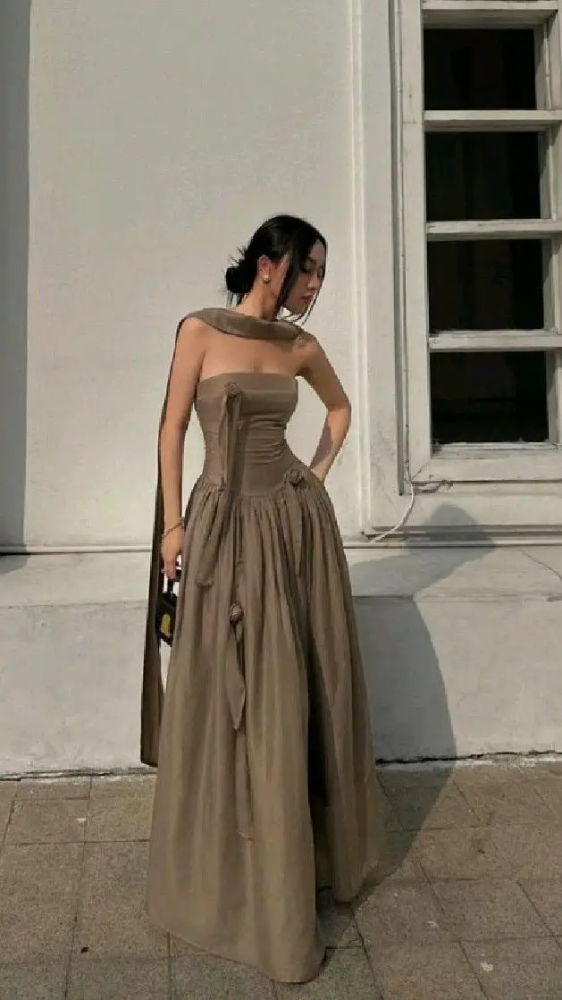 Taupe Strapless Dress with Draped Scarf Detail Taupe Strapless Dress with Draped Scarf Detail — Simple Wedding Guest Outfits