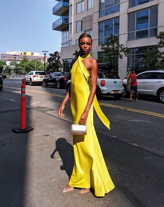 Bright Yellow Satin Halter Neck Column Gown with Sash Bright Yellow Satin Halter Neck Column Gown with Sash — Simple Wedding Guest Outfits