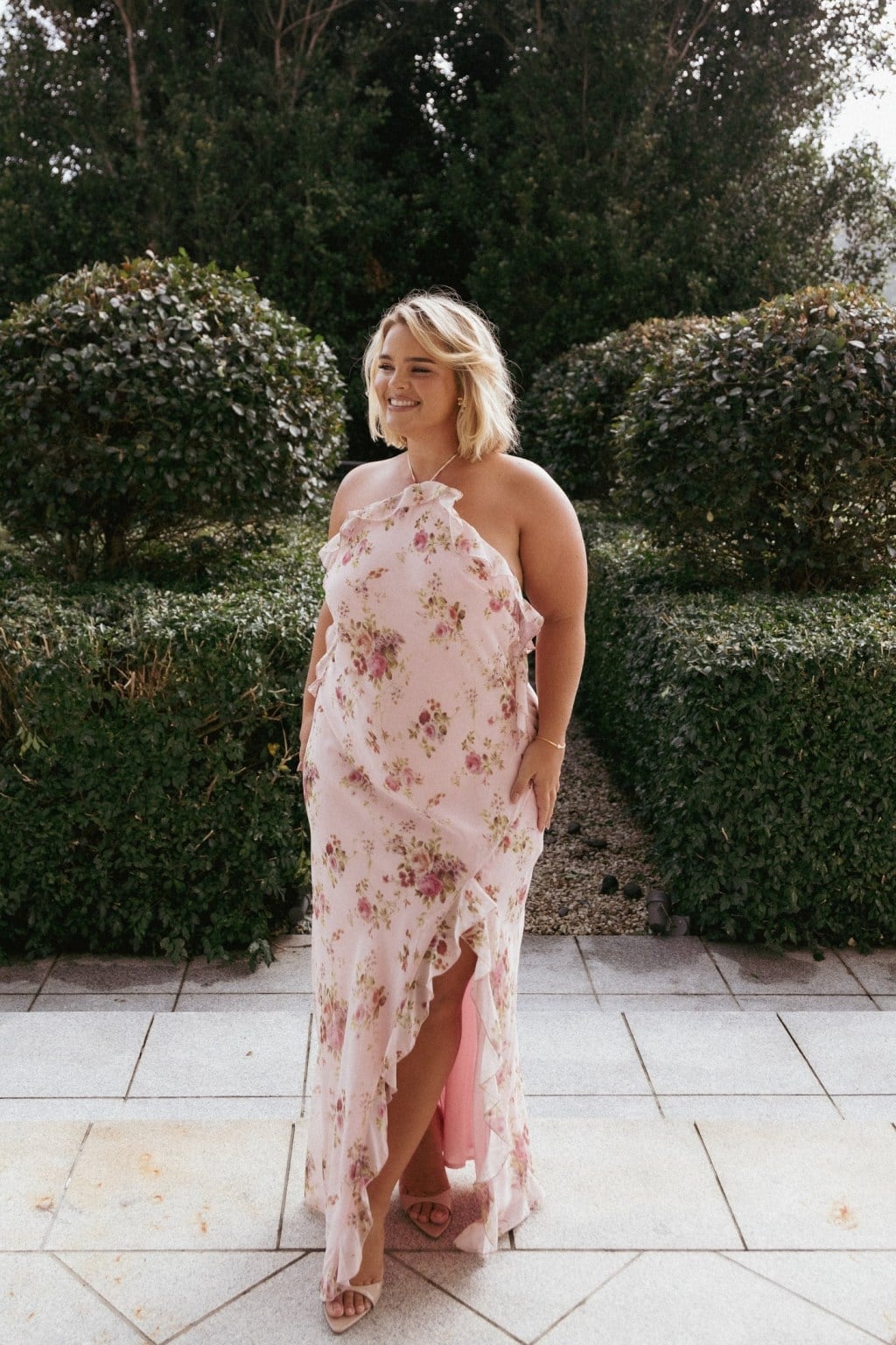 Pink Floral Halter Neck Maxi Dress with Ruffled Hem Pink Floral Halter Neck Maxi Dress with Ruffled Hem — Simple Wedding Guest Outfits