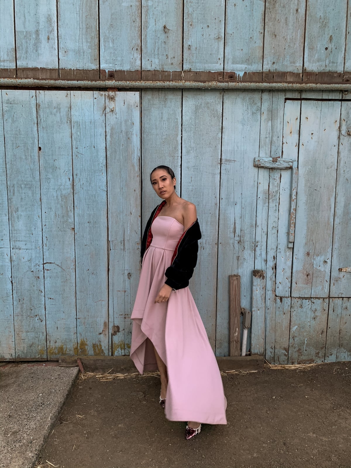 Pink Strapless Hi-Low Satin Dress with Velvet Bomber Jacket Pink Strapless Hi-Low Satin Dress with Velvet Bomber Jacket — Simple Wedding Guest Outfits