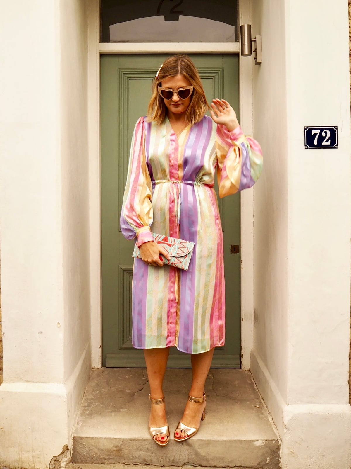 Striped Pastel Midi Dress with Balloon Sleeves Striped Pastel Midi Dress with Balloon Sleeves — Simple Wedding Guest Outfits