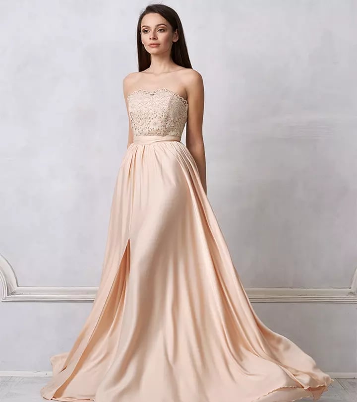 Strapless Gown with Lace Bodice and Peach Satin Skirt Strapless Gown with Lace Bodice and Peach Satin Skirt — Simple Wedding Guest Outfits